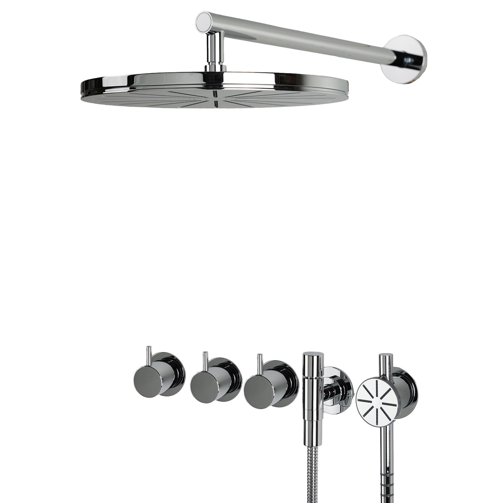 Vola Duschset 5471S-061-16 Chrom. Regenbrause, Handbrause, Thermostat-Mischer, Umsteller. Verchromtes Messing. Luxuriöses Design, ultimativer Duschgenuss. Präzise Temperatur- und Mengenregulierung.