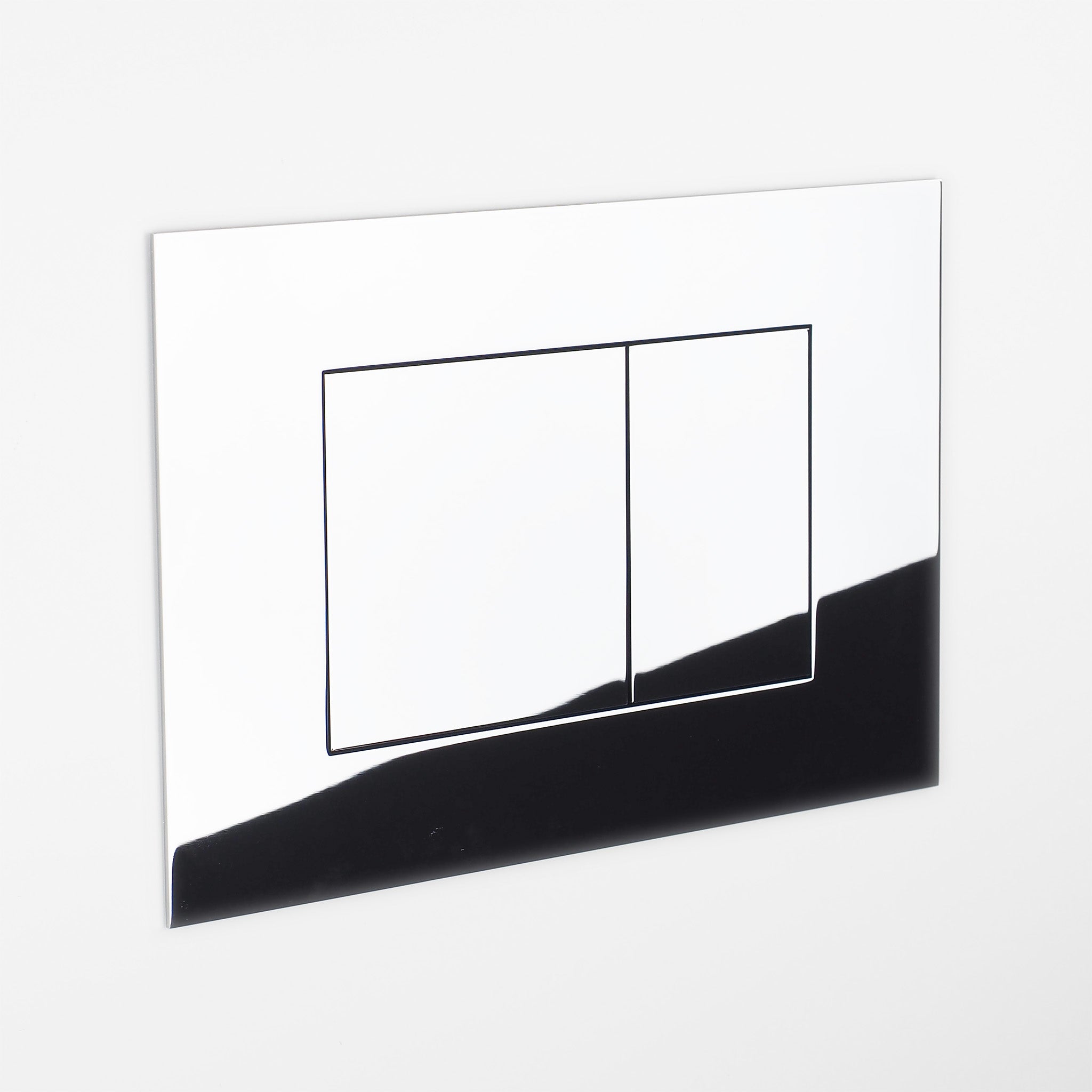 Elegante WC-Drückerplatte A85 in Chrom – präzise gefertigte Betätigungsplatte im ikonischen Vola Design mit Zweimengen-Spülfunktion.
