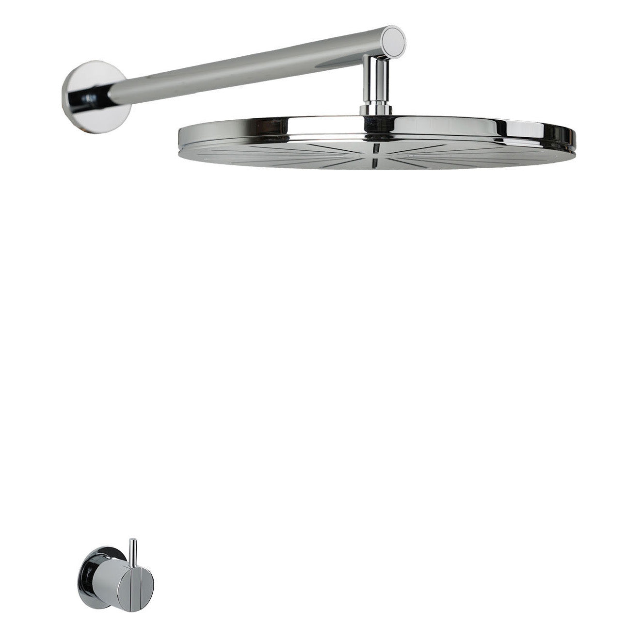 Vola Duschset 2261 in Chrom – minimalistisches Duschsystem mit großer Regenbrause und Einhebelmischer aus verchromtem Messing.