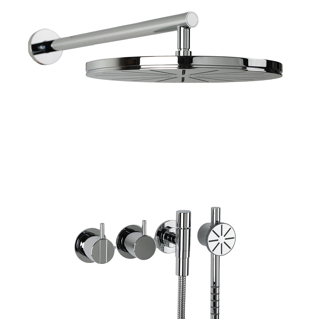 Vola Duschset 2471S-061 in Chrom – komplettes Duschsystem mit Regen- und Handbrause, Einhebelmischer und Umsteller im klassischen Hochglanz-Finish.