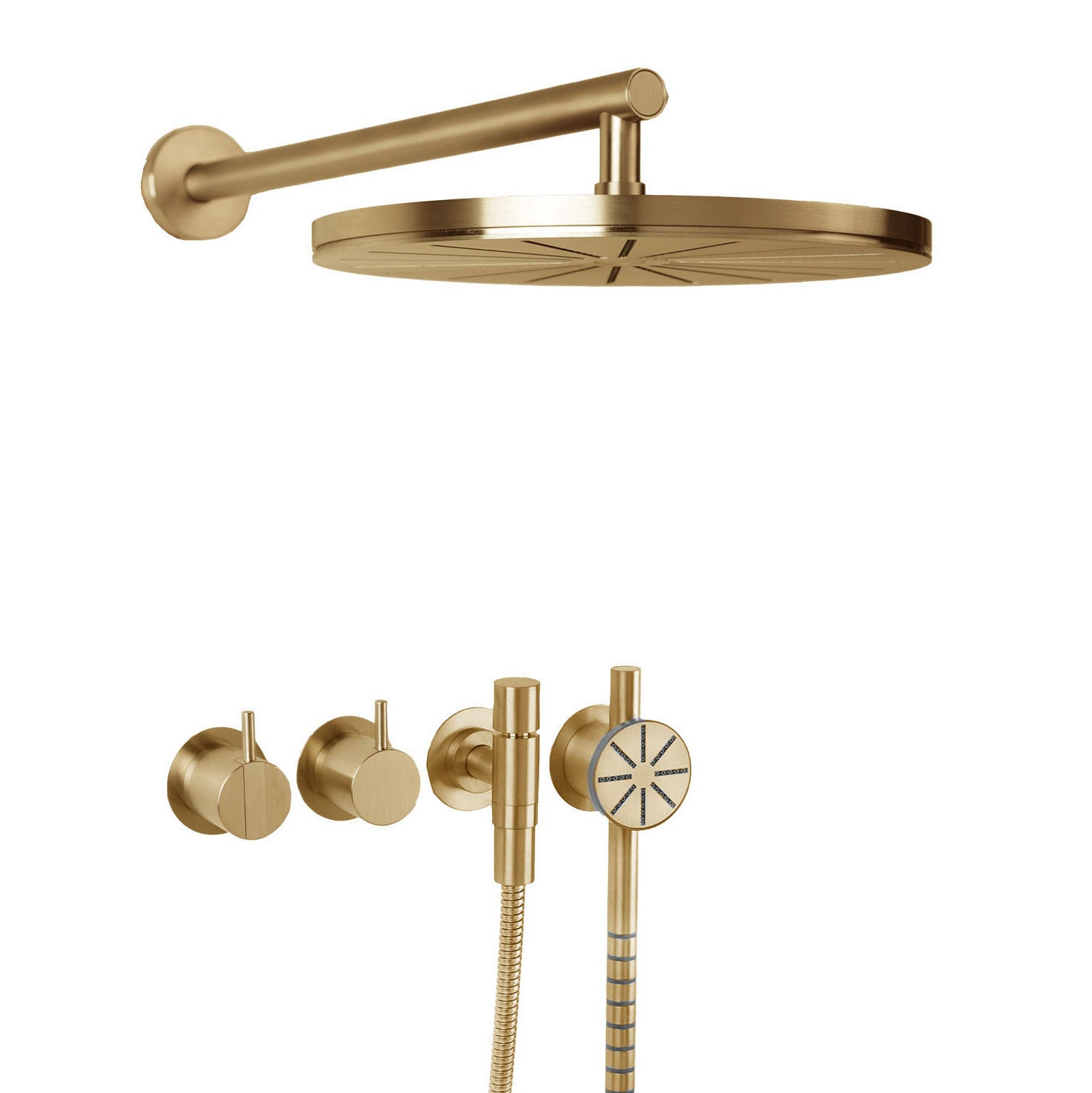 Vola Duschset 2471S-061 in Gold gebürstet – luxuriöses Duschsystem mit goldener PVD-Oberfläche, Regen- und Handbrause im ikonischen Vola Design.