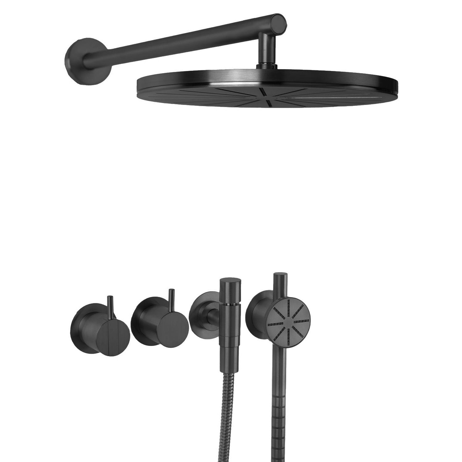 Vola Duschset 2471S-061 in Schwarz gebürstet – exklusives PVD-Duschsystem mit technischer Eleganz und luxuriösem Glanz.