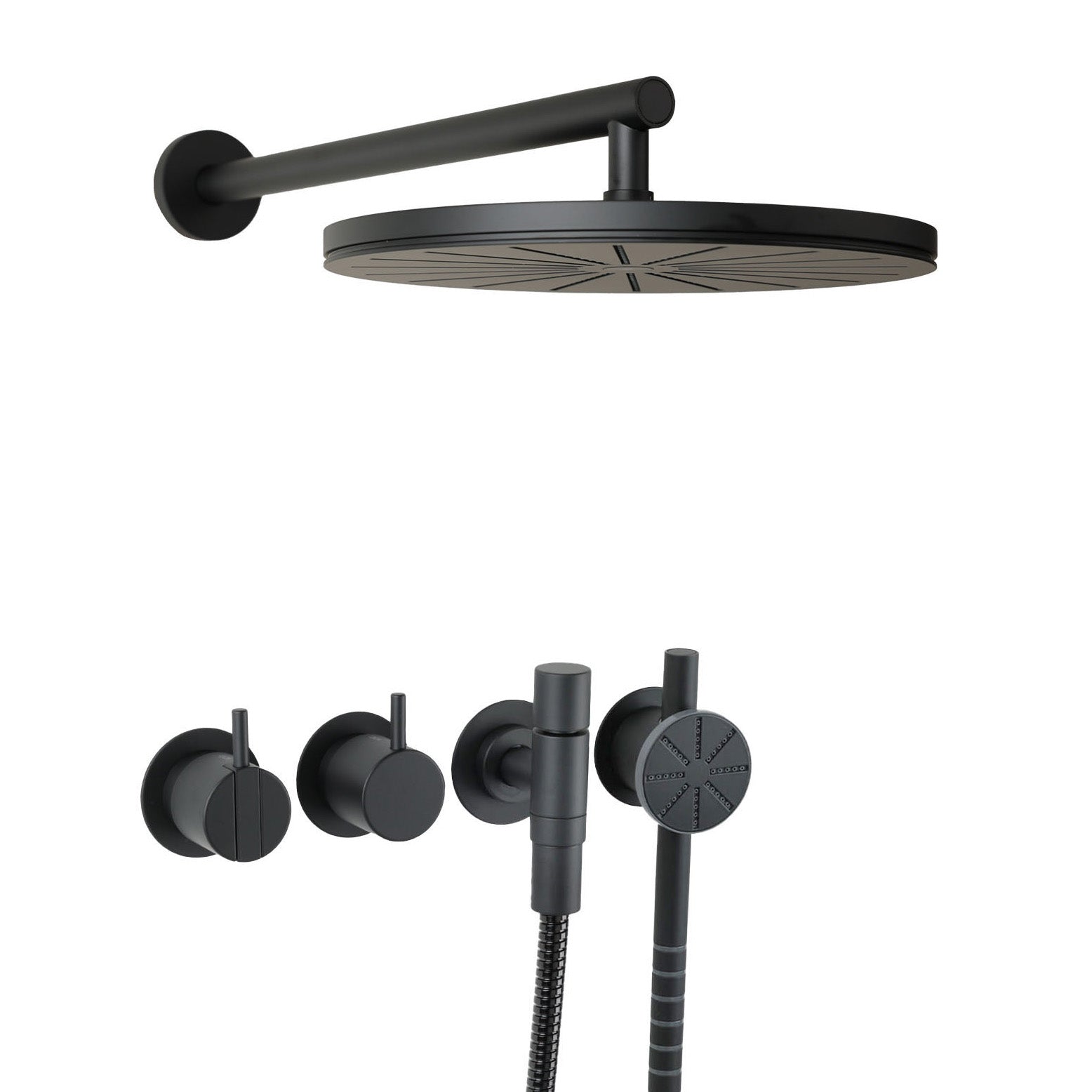 Vola Duschset 2471S-061 in Schwarz matt – modernes Komplettsystem mit Regendusche, Handbrause und minimalistischem Bedienkomfort.