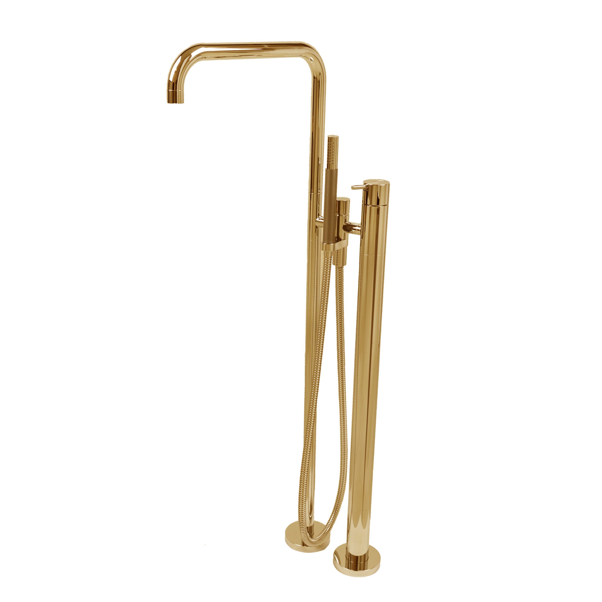 Vola FS1 Bodenarmatur in unbehandeltem Messing Natur, mit Handbrause und Einhebelmischer.