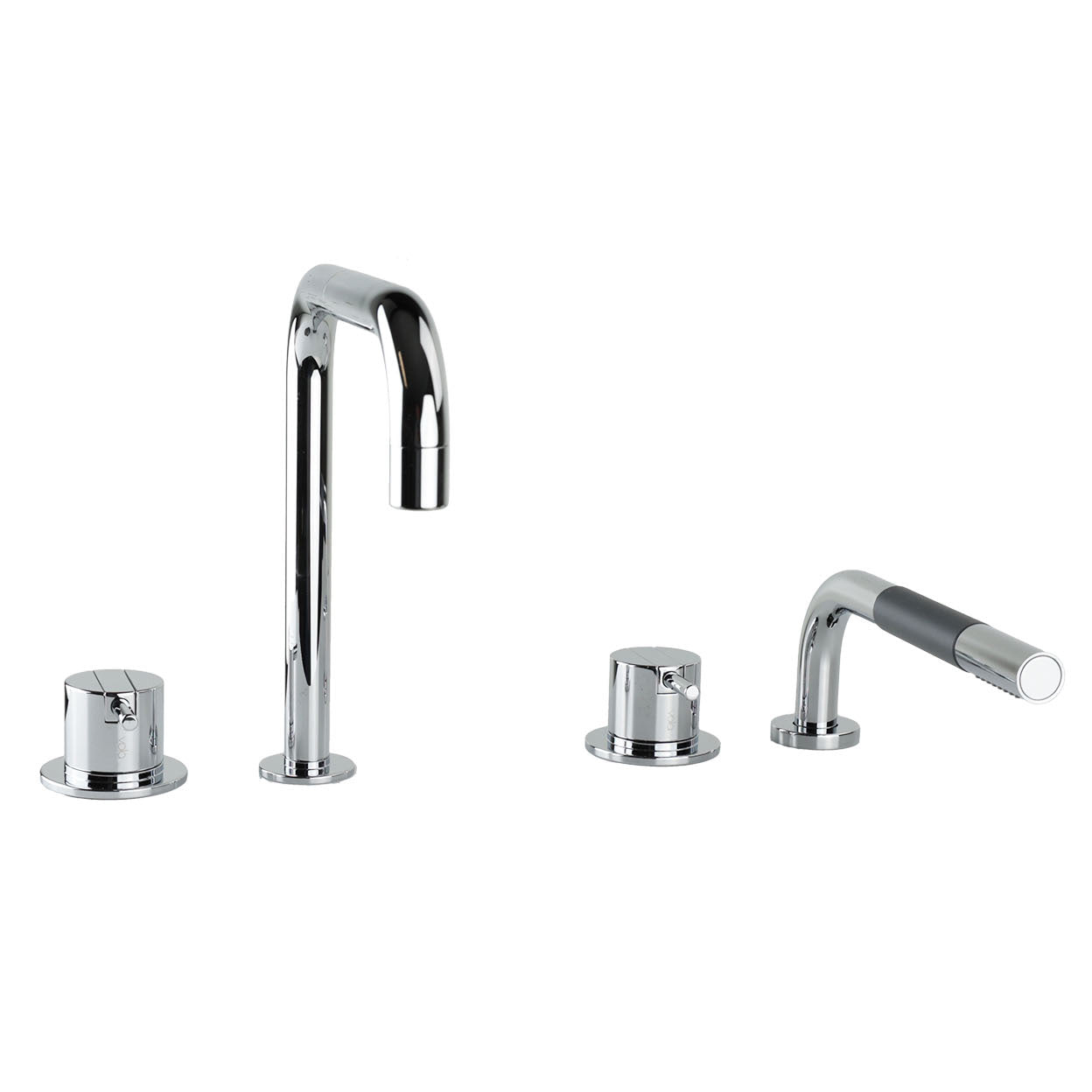 Wannenrandarmatur Vola SC10 in Chrom mit schwenkbarem Auslauf und versenkbarer Handbrause.