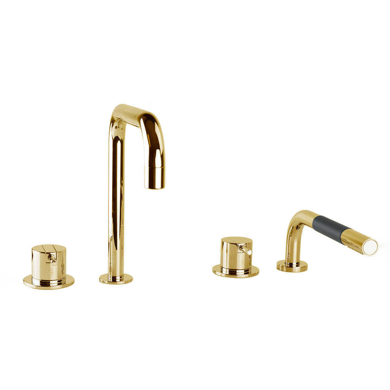 Armatur für die Badewanne in Messing Natur aus der Vola Serie SC10, mit zwei Hebeln und ausziehbarer Handbrause.