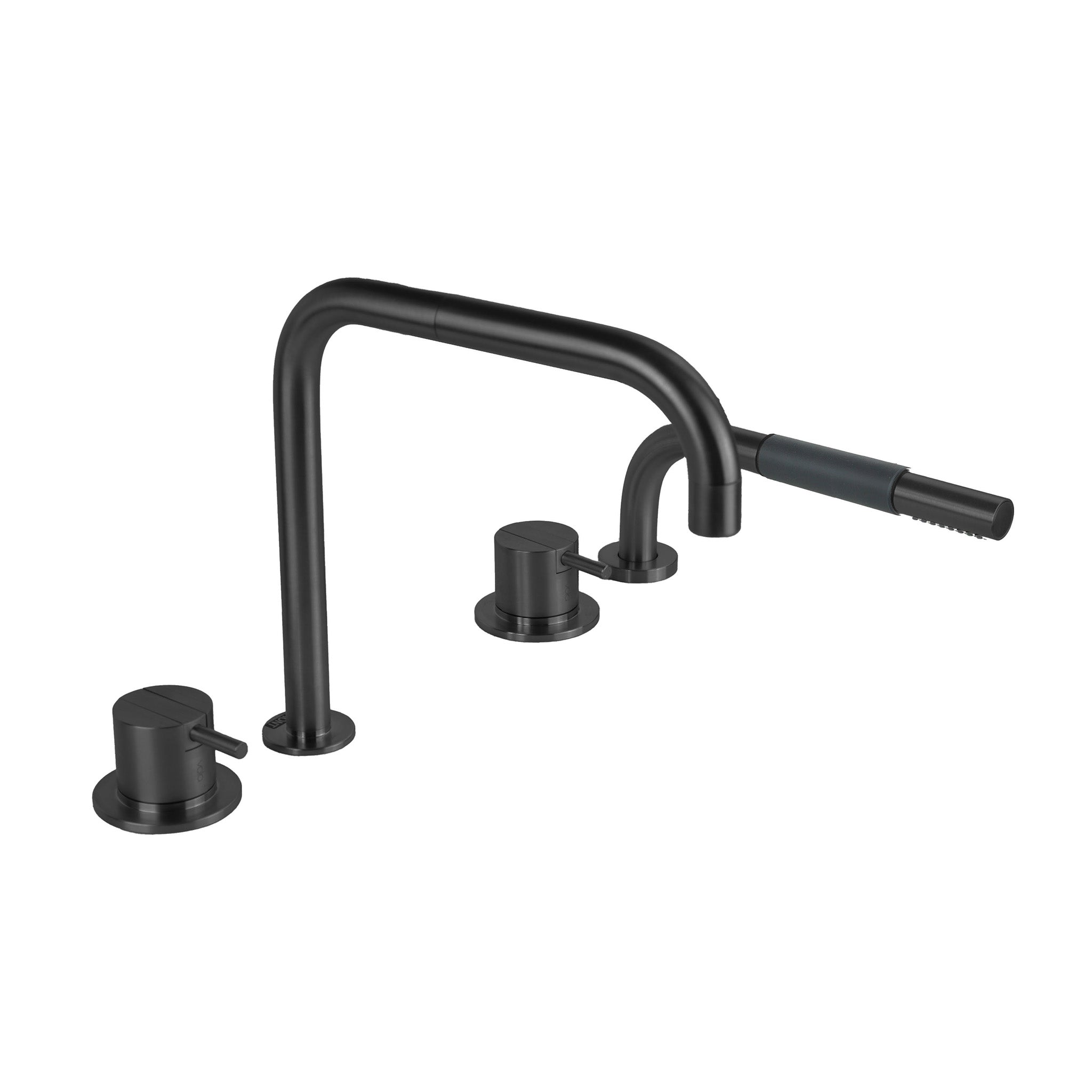 Wannen-Armatur Vola SC10 in Schwarz gebürstet mit zwei Hebelmischern und ausziehbarer Handbrause.