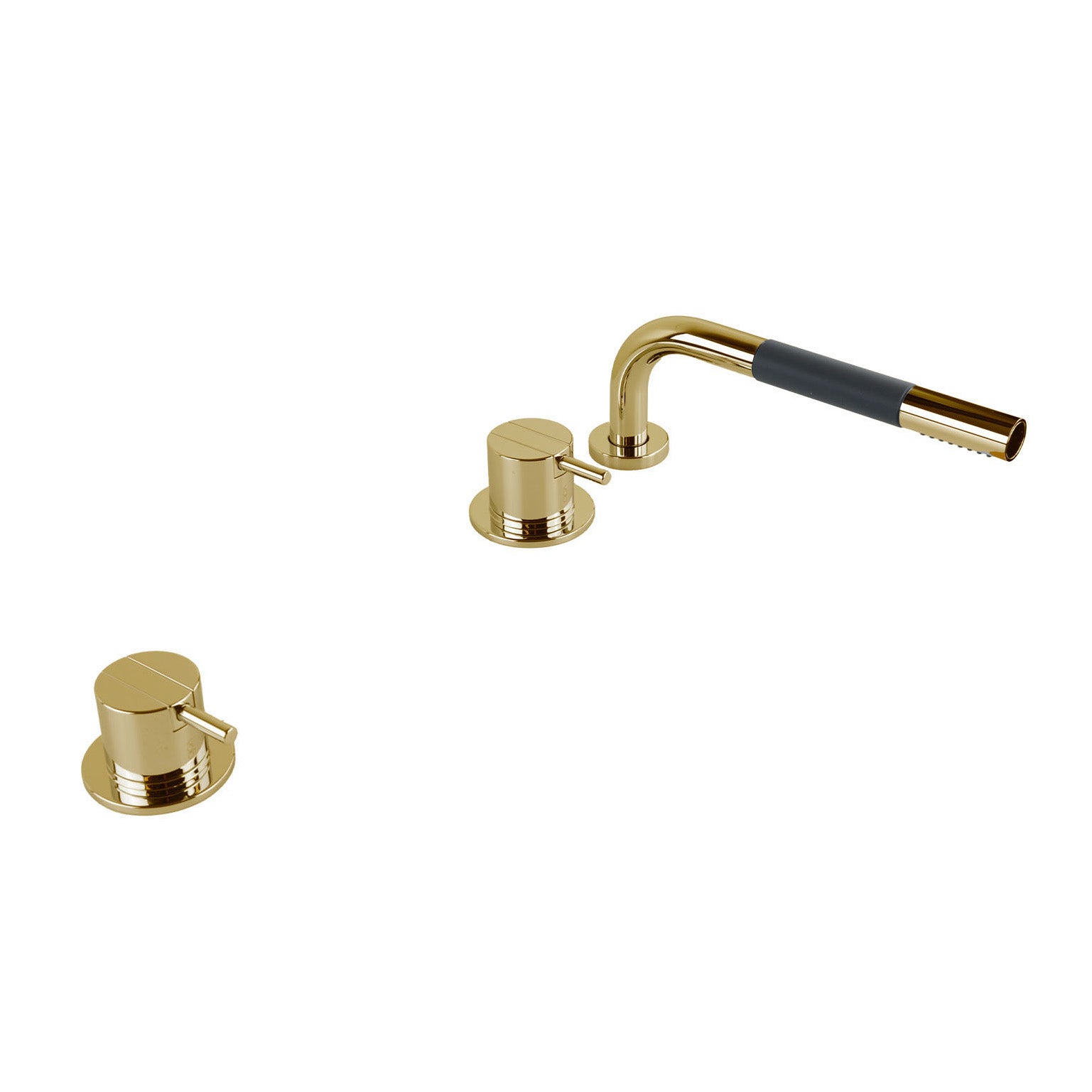 Vola SC3 Wannenrandarmatur in Messing Natur mit separaten Mischern für Wannenbefüllung und ausziehbare Stabhandbrause; unbehandelte Oberfläche mit natürlicher Patinaentwicklung.