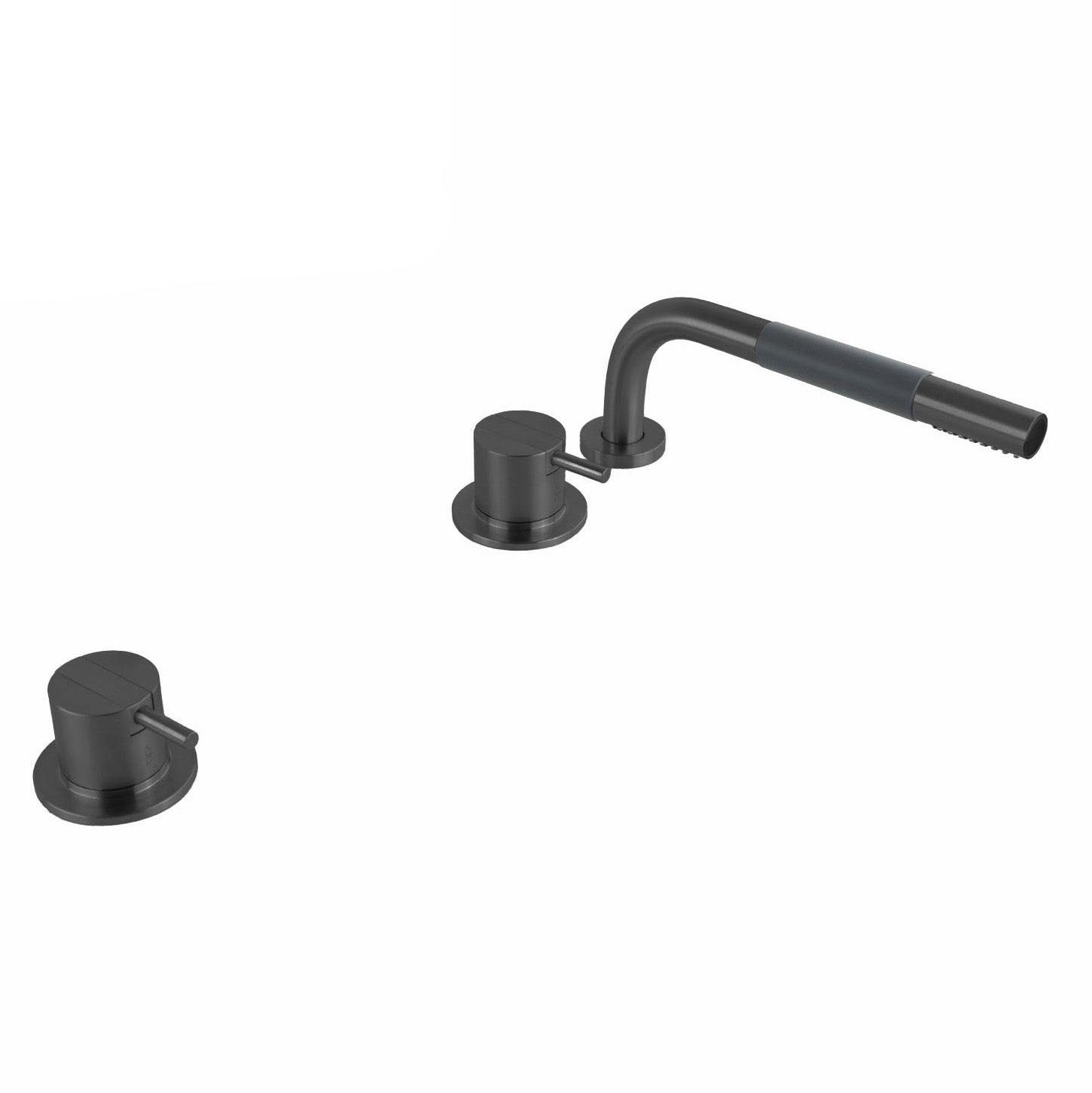 Exklusive Vola SC3 Wannenarmatur in Schwarz gebürstet mit separaten Bedienelementen und versenkbarer Handbrause – ideale Premiumlösung für moderne Bäder.