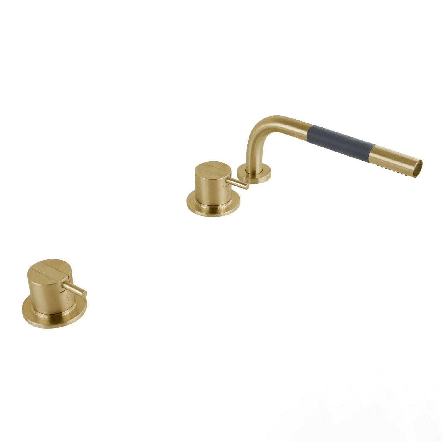 Luxuriöse Vola SC3 Badewannenarmatur in gebürstetem Gold mit zwei separaten Mischern und versenkbarer Handbrause – edle Premiumlösung für gehobene Wannenbereiche.