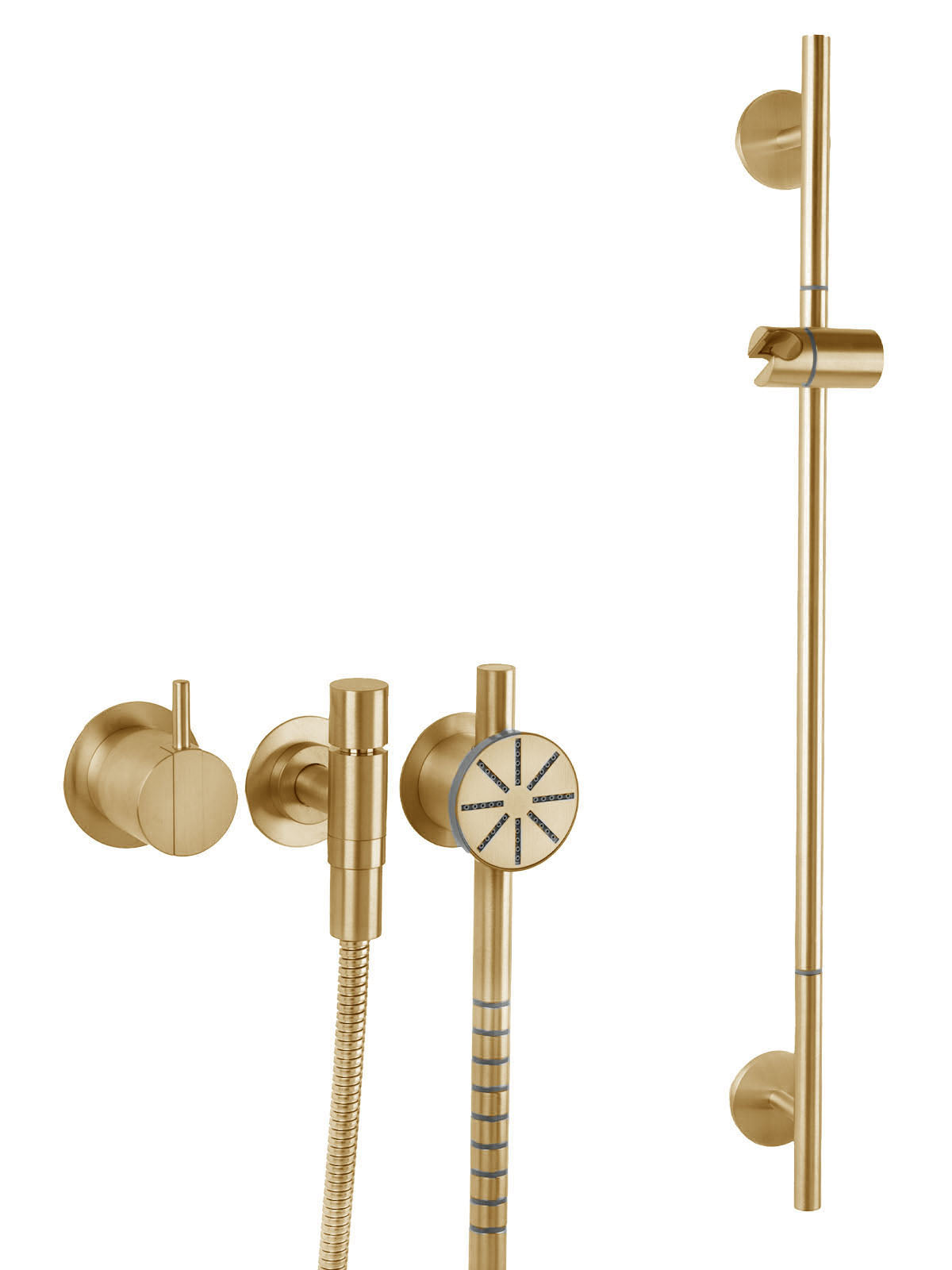 Vola Unterputz Duscharmatur mit Einhebelmischer, Duschstange und Rundkopfhandbrause 2171ST65-70 Gold gebürstet