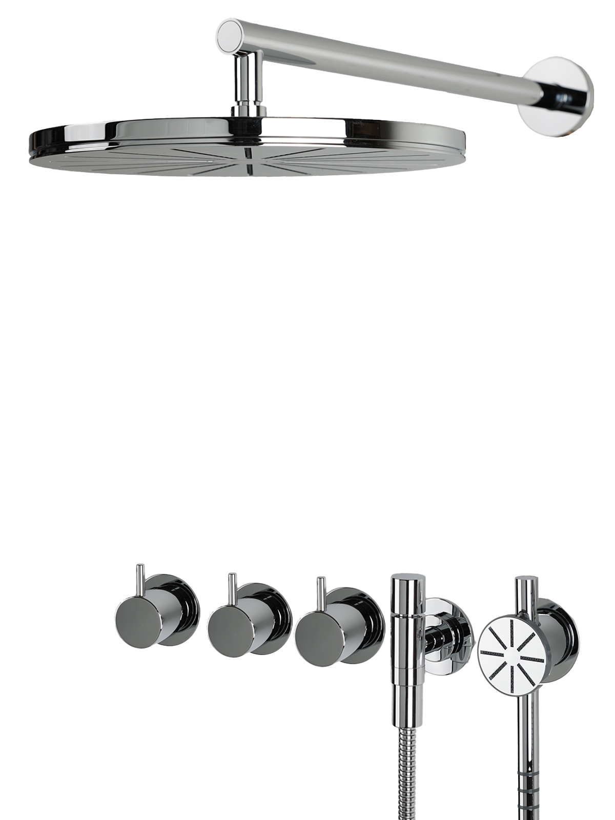 Vola Duschset 5471S-061-16 Chrom. Regenbrause, Handbrause, Thermostat-Mischer, Umsteller. Verchromtes Messing. Luxuriöses Design, ultimativer Duschgenuss. Präzise Temperatur- und Mengenregulierung.