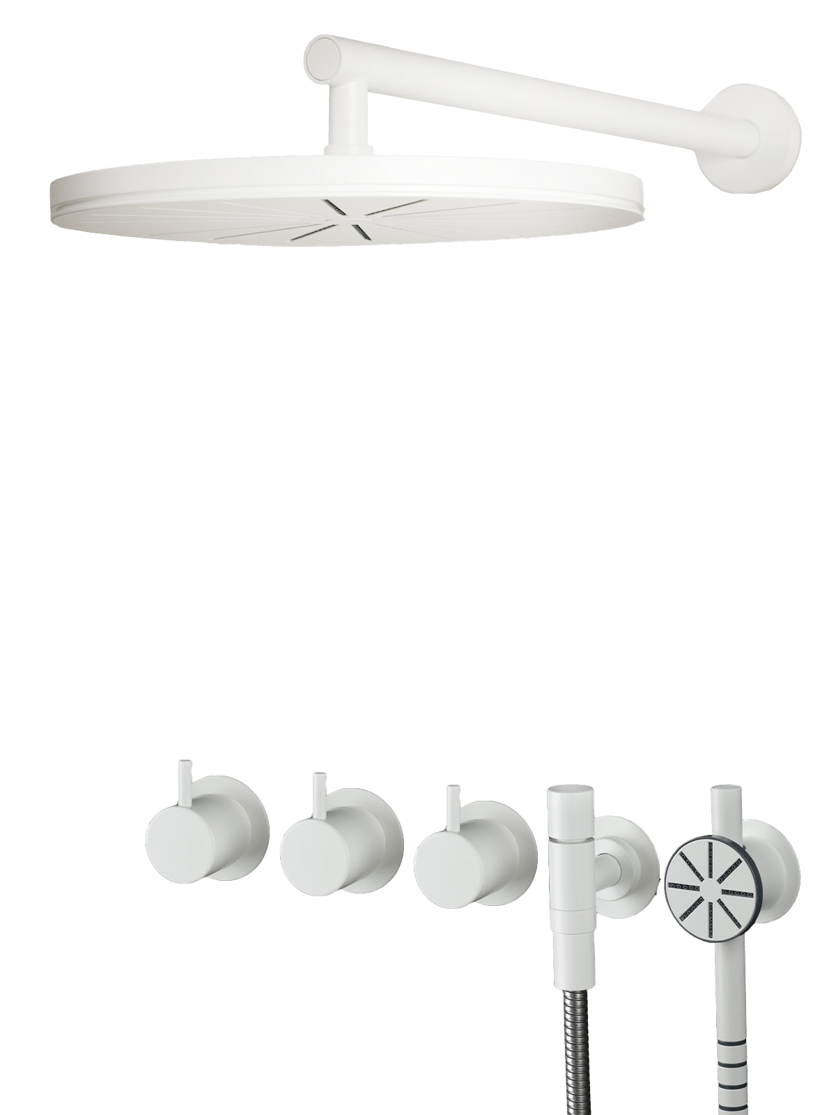 Vola Duschset 5471S-061-28 Weiß matt. Regenkopfbrause, Handbrause, Thermostat-Mischer, Umstellventil. Weiß beschichtetes Messing, modernes Design. Genaue Regulierung von Temperatur und Wassermenge.