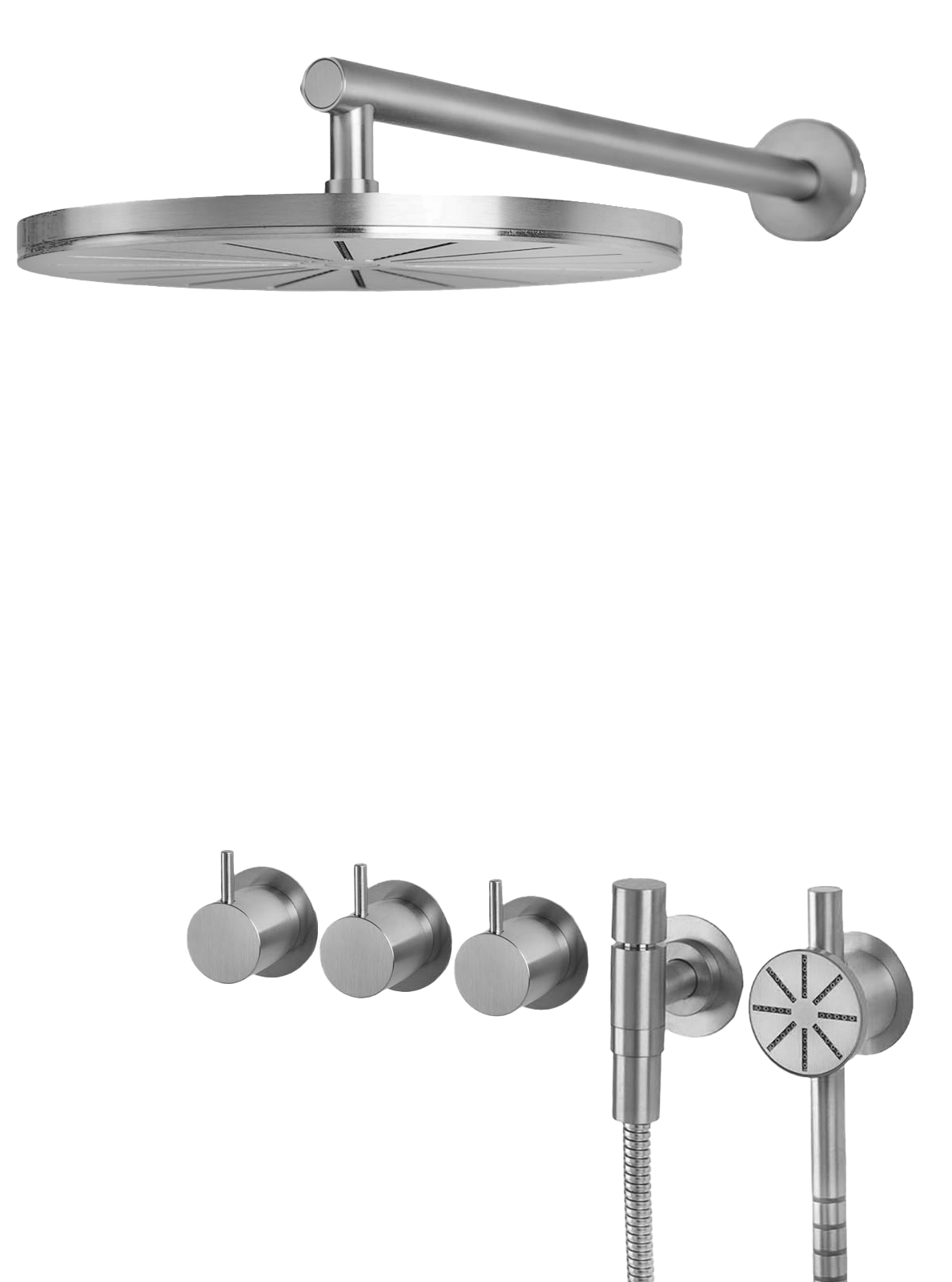 Vola Duschset 5471S-061-40 Edelstahl gebürstet. Kopfbrause, Handbrause, Thermostatmischer, Umschalter. Massiver Edelstahl, geradliniges Design. Exakte Einstellmöglichkeiten für Temperatur und Strahlstärke.