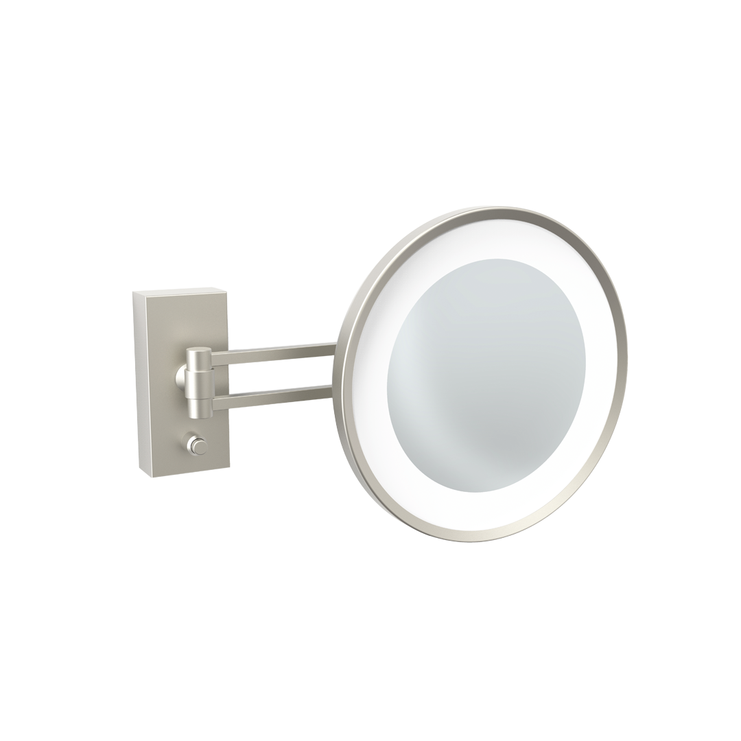 Kosmetikspiegel BS 36 in Nickel satiniert, mit 3-facher Vergrößerung, LED-Beleuchtung und integriertem Dimmer, Decor Walther, dasfeinebad