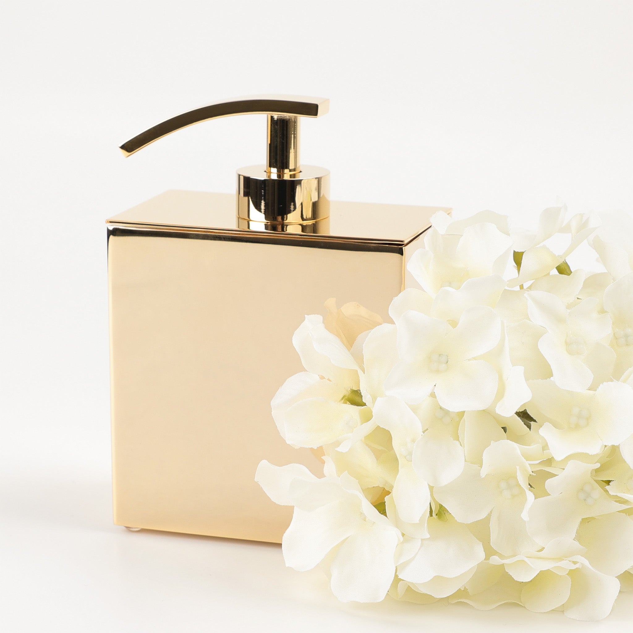 Windisch 90101 O Seifenspender in 24-Karat-Gold-Optik, modernes und luxuriöses Design, ideal für elegante Badezimmer und Gäste-WCs, dekoriert mit Blume