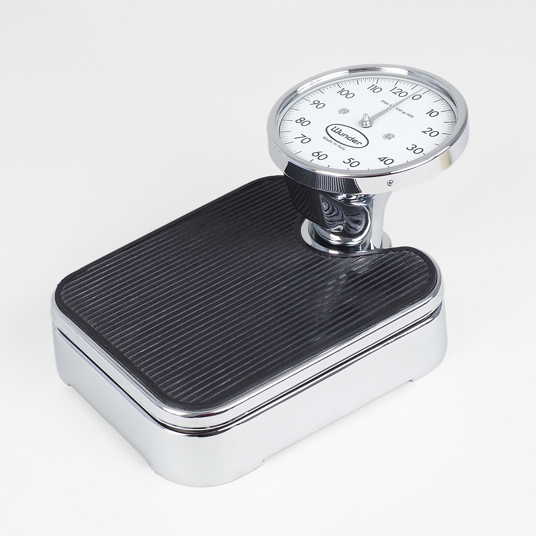 Analoge Waage Wunder No. 960 aus verchromtem Metall mit rein mechanischer Wiegetechnik und großem Rundzifferblatt