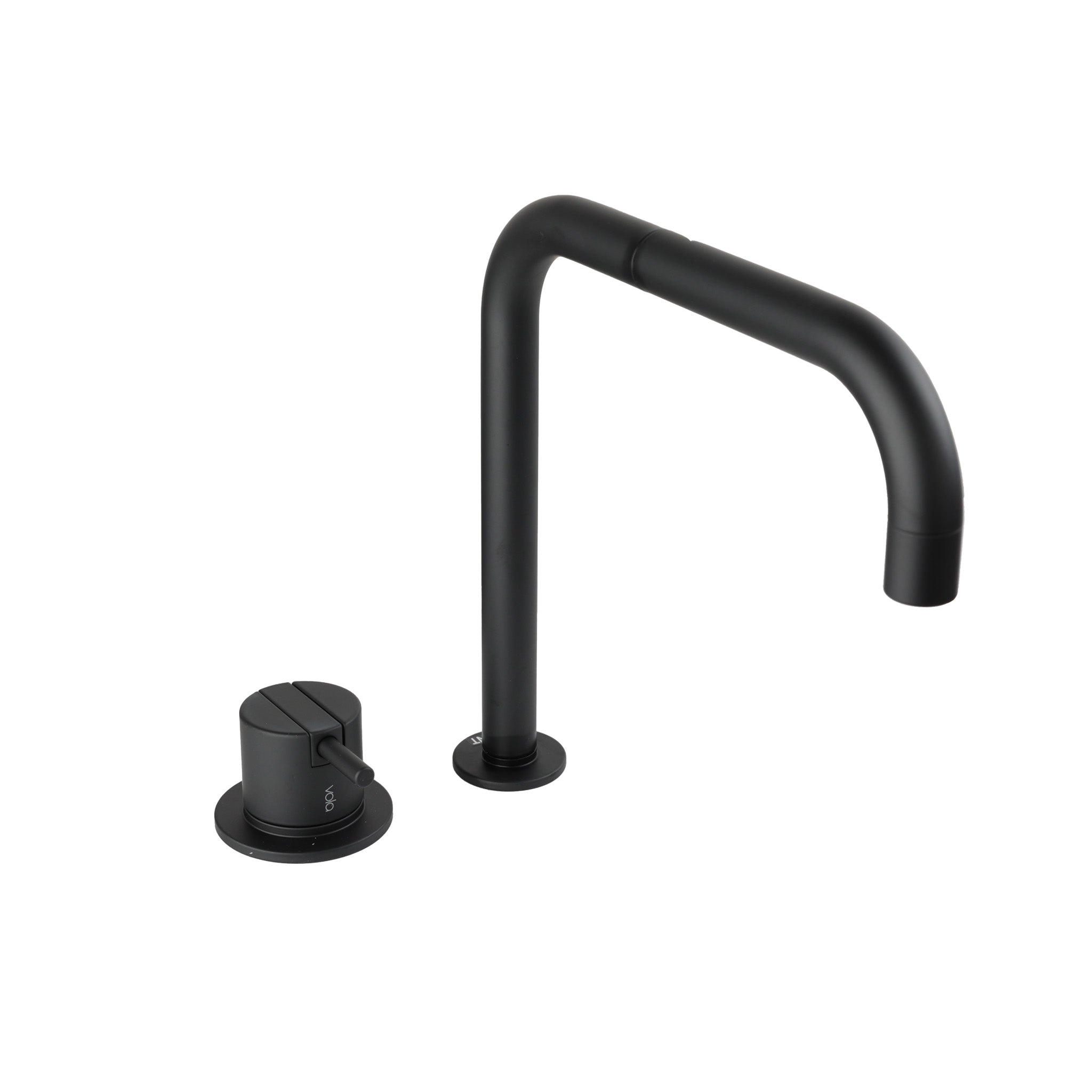 Schwarz matte Vola Armatur 590, minimalistische Zweilocharmatur fuer moderne Badezimmer und Designkuechen.